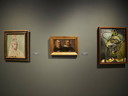 Los cuadros de Picasso, 'Retrato de Olga Kholkhlova con mantilla' y 'Cabeza de Hombre', escoltan a la obra de Francisco Pacheco, 'Retrato de dama y caballero orantes', de la exposición 'Cara a cara: Picasso y los maestros antiguos', del Museo de Bellas Artes de Sevilla.