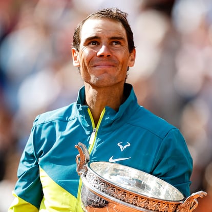 PARIS, FRANCE - JUNE 05: Rafa Nadal of Spain celebrates his victory with the Musketeers Cup after the men's final against Casper Ruud of Norway on Day 15 of The 2022 French Open at Roland Garros on June 5, 2022 in Paris, France. (Photo by Antonio Borga/Eurasia Sport Images/Getty Images)