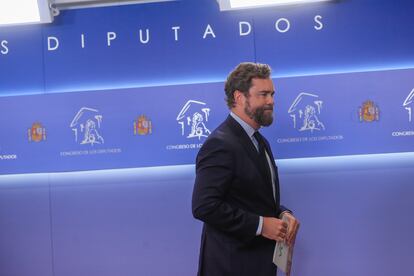 El exportavoz de Vox en el Congreso, Iván Espinosa de los Monteros, el martes tras comunicar su renuncia al acta de diputado.