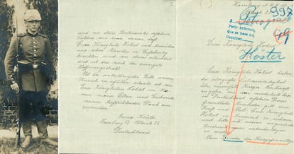 Carta enviada por la hermana del soldado alemán Franz Koster, con una fotografía del joven, a Alfonso XIII. El informe de la Oficina de la Guerra Europea contestó el expediente con un "No hallado".