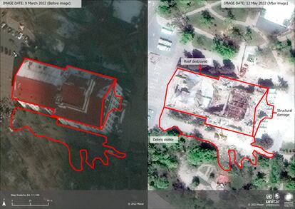 Imágenes satelitales muestran el antes y el después de los bombardeos sobre el teatro de Mariupol, en la base de datos reunida por Unesco y Unosat.