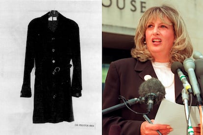 A la izquierda, el famoso vestido de Gap azul que contenía la mancha de semen del presidente. A la derecha, Linda Tripp, la mujer que tendió una emboscada a Lewinsky, grabó 20 horas de conversaciones con ella y le aconsejó vehemente que nunca lavase el vestido de la discordia.