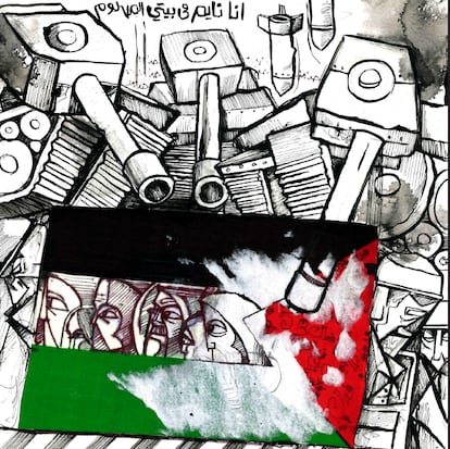 Ilustración de Mohammad Saabaneh, de su libro '30 segundos en Gaza'. El dibujo representa a un hombre que "grita frente a su casa demolida".