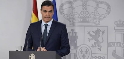 El presidente del Gobierno, Pedro Sánchez, durante la comparecencia este sábado en el Palacio de la Moncloa 