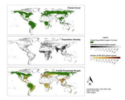 Mapa que muestra la superficie de bosque en el mundo ocupada por seres hurmanos. En la primera figura se muestra la superficie forestal en el planeta; en el segundo, la densidad de población y en el tercero, las personas que viven cerca de bosques.