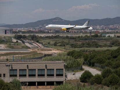 Un avión sobrevuela el límite del aeropuerto de El Prat con el espacio protegido de La Ricarda.