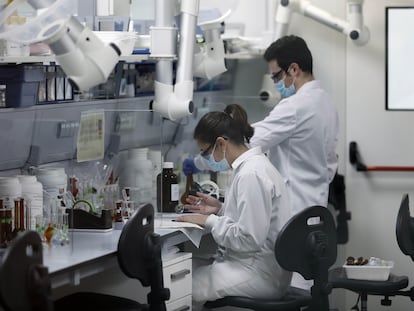 Empleados del laboratorio de control de calidad en las instalaciones de Sant Joan Despí (Barcelona) de la empresa farmacéutica Reig Jofre.