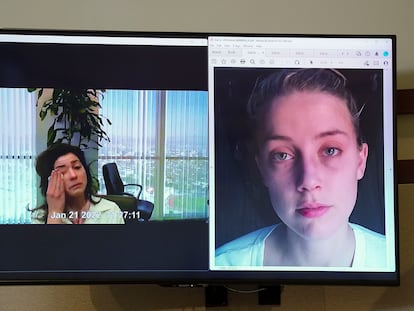 Raquel Pennington, amiga íntima de Amber Heard en la época de su relación con Johnny Depp, testifica a través de un vídeo previamente grabado acerca de la foto de la actriz que se muestra en pantalla.