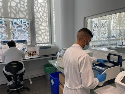 Técnicos en un laboratorio de biología molecular.