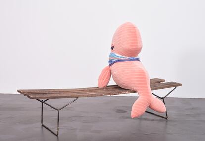 Cosima von Bonin. Mae Day II (Pink Striped Velvet Version With fan and Benc), 2022
Mixed Media.