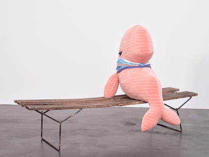 Cosima von Bonin. Mae Day II (Pink Striped Velvet Version With fan and Benc), 2022
Mixed Media.