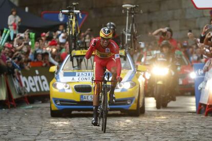 Alberto Contador celebra la victoria en la Vuelta 2014 en la última contrareloj