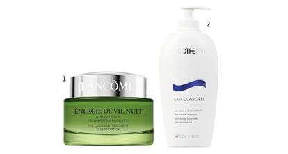 1. Énergie de Vie Nuit, de Lancôme. 2. Lait Corporel, de Biotherm.