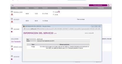 Ejemplo del aviso sobre trenes anulados de Renfe por la huelga en su página web