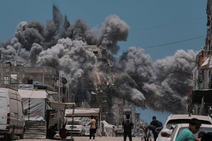 Smoke rises to the sky following an Israeli strike in Gaza City, Sunday, June 1, 2025. (AP Photo/Jehad Alshrafi)