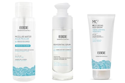 Para una hidratación intensa y duradera.
El agua de mar siempre ha sido un potente aliado. Y precisamente la formulación de Ebbe, de venta en farmacias, se basa en ella para sus productos. Su propuesta se completa con ácido hialurónico de alto y bajo peso molecular para garantizar una piel doblemente hidratada, más firme y más sedosa. Comienza con el agua micelar para piel sensible (9,95 €) que desmaquilla a la vez que calma e hidrata, con una fórmula efectiva también para labios y ojos. Después, el sérum rehidratante (23,50 €) que refuerza la dermis de rostro y escote, rica en activos. Finaliza con la crema facial hidratante MC1 (14,50 €), especial para pieles secas o muy secas, o con tendencia atópica. Una piel muy hidratada con todos los beneficios del agua salada.
Duración: cinco minutos.