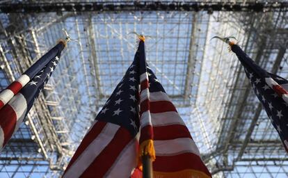 US flags under the Jacob Javits Center in New York City.