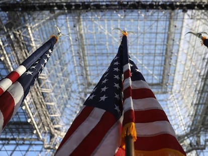 US flags under the Jacob Javits Center in New York City.