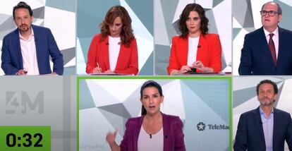 Los candidatos Ángel Gabilondo (PSOE), Isabel Díaz Ayuso (PP), Edmundo Bal (Ciudadanos), Rocío Monasterio (Vox), Mónica García (Más Madrid) y Pablo Iglesias (Unidas Podemos), en el debate de la campaña electoral de las elecciones de la Comunidad de Madrid