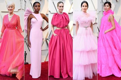 El rosa fue el color de la noche

Helen Mirren (de Schiaparelli), Kiki Layne (Versace), Sarah Paulson (Brandon Maxwell), Kacey Musgraves (Giambattista Valli) o Gemma Chan (Valentino) fueron solo algunas de las invitadas que confiaron en el rosa para posar en la alfombra roja. Los vestidos grandilocuentes, repletos de volantes, grandes lazadas o tul, también fueron tendencia.