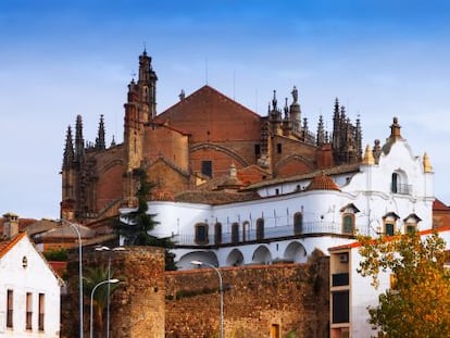 Pin&aacute;culos de la catedral de Plasencia y, en primer plano, la ampliaci&oacute;n colonial dieciochesca del Palacio Episcopal.