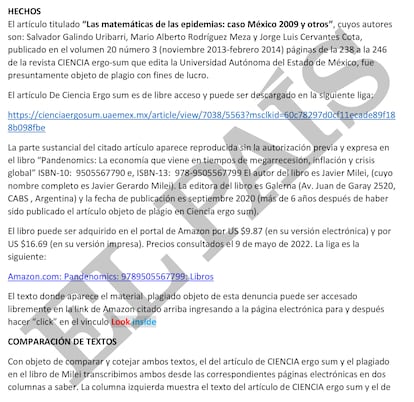 La primera página de la denuncia que interpusieron los científicos mexicanos en contra de Javier Milei.