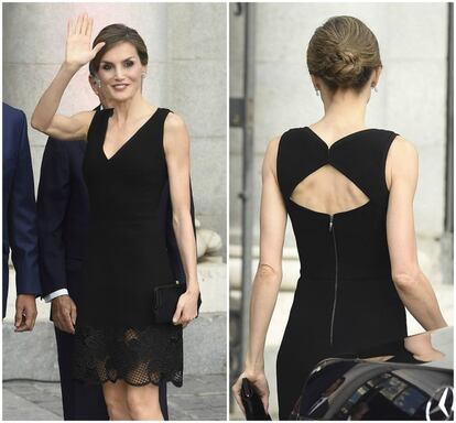 Este último modelo de Teresa Helbig no es el único que ha mostrado las largas piernas de la Reina. El vestido negro que doña Letizia escogió de Felipe Varela para acudir al Teatro Real en septiembre de hace un año no fue muy alabado debido a que El encaje de red con flores bordadas en el bajo de la falda dejaba, en opinión de los expertos, gran parte de las piernas y muslos a la vista y, además, el escote en la espalda también fue criticado.