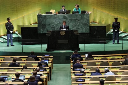 Argentina's President Javier Milei addresses the 79th United Nations General Assembly at the UN headquarters in New York, on September 24, 2024.