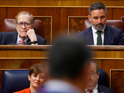 Sánchez (de espaldas) se dirige a la bancada de Vox, con Tamames y Abascal.