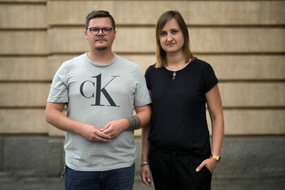 Teachers Laura Nickel, right, and Max Teske pose for a photograph after an interview with The Associated Press in Cottbus, Germany, Wednesday, July 19, 2023.