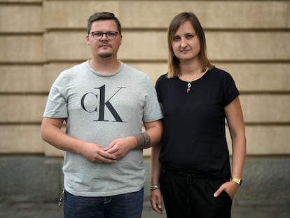Teachers Laura Nickel, right, and Max Teske pose for a photograph after an interview with The Associated Press in Cottbus, Germany, Wednesday, July 19, 2023.
