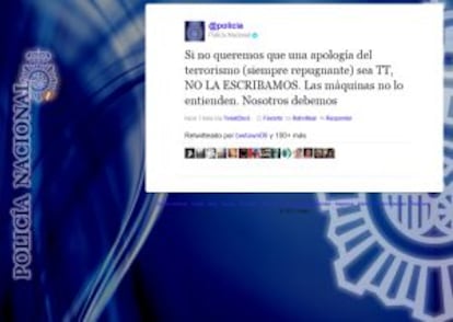 Mensaje de la policía nacional a los usuarios en Twitter.