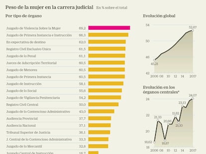 Gráfico del porcentaje de mujeres en la carrera judicial por tipo de órgano jurisdiccional y evolución desde el 2006.