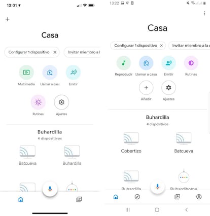Diseño antiguo de Google Home (izq,) en Android y el nuevo de iOS (der.).