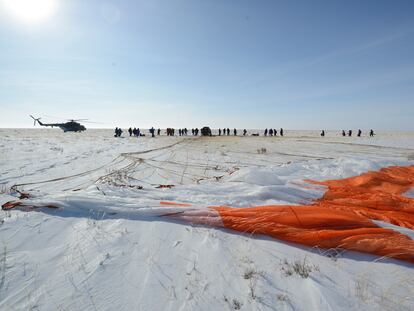 A Soyuz spacecraft shortly after landing in Kazakhstan in February 2020.