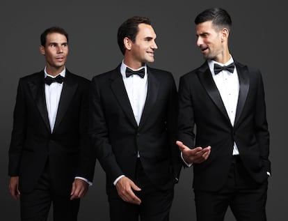 Nadal, Federer y Djokovic posan durante una Cena de Gala en la Somerset House de Londres, en el preámbulo de la Laver Cup de 2022.