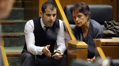 Los parlamentarios socialistas Óscar Rodriguez y Pilar Pérez Fuertes, durante la sesión plenaria.