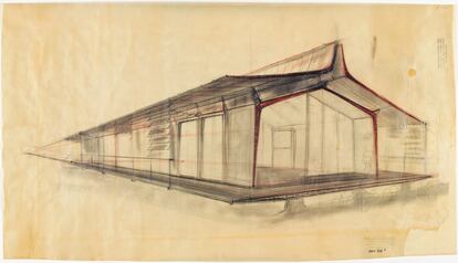 Un dibujo de la 'Maison Tropicale' (1949), con su característica cubierta perforada en sentido longitudinal para favorecer la ventilación natural.