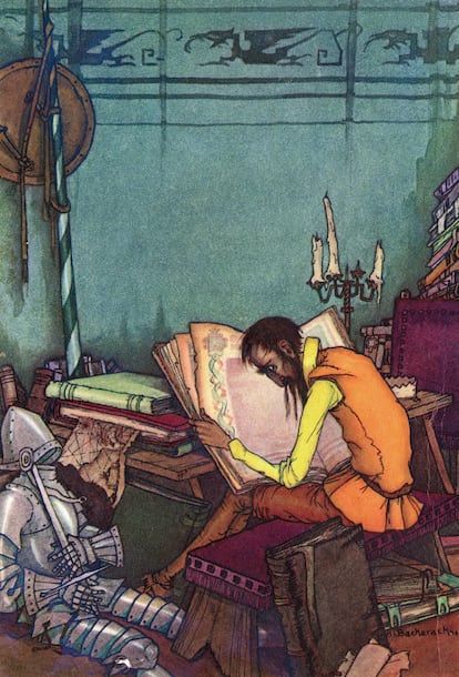 Ilutración de Don Quijote estudiando un manuscrito medieval.