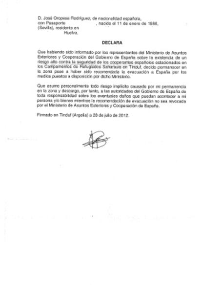 Documento que el Gobierno ha exigido firmar a Pepe Oropesa.