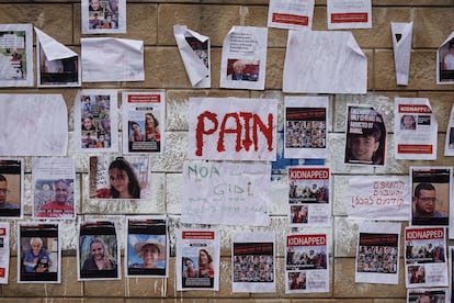 Posters with images of the hostages outside the Israeli army headquarters in Tel Aviv, on October 15.