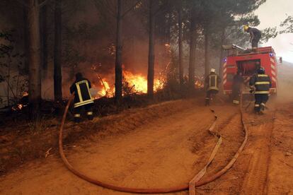 Bomberos trabajan en la extinci&oacute;n de un incendio el domingo en la provincia de Cauquenes (Chile).