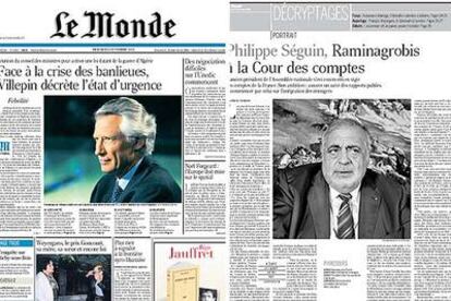 Portada de ayer de <i>Le Monde</i> y página interior de análisis, con el nuevo diseño.