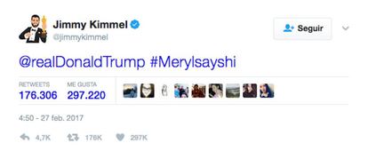 Durante la gala Jimmy Kimmel tuiteó a Trump: "Meryl (Streep) te dice hola".