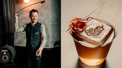 Shingo Gokan, maestro mixólogo de Devil's Cut, venenciando a la manera jerezana. A la derecha, su cóctel Jamón Ibérico Fashioned, compuesto de Bourbon, jamón ibérico de bellota, licor de bellota y jerez medio.