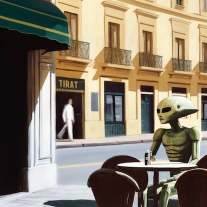 Ilustración creada con la IA de Midjourney, con la orden «The alien Zor in Seville, in style of Edward Hopper»
