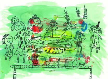 A Eimy Domínguez Robles, de Cuba, le encanta jugar, pintar y hablar con su abuelita. Su dibujo muestra a toda su familia preparando una sopa de verduras. Eimy, que tiene 7 años, quiere compartir su comida con niños pobres.