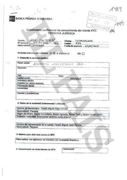 Documento de confidencialidad cumplimentado ante la BPA por el exvicepresidente de la compañía estatal Petróleos del Perú Miguel Atala Herrera.