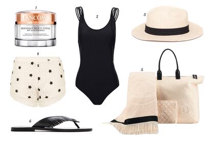 1. Lancôme Crema facial con SPF 30 'Bienfait Multi-Vital'. 2. Pull & Bear Bañador con varias tiras finas en los tirantes. 3. Pull & Bear Sombrero de paja con cinta. 4. Topshop Shorts de encaje con estrellas. 5. Chanel Conjunto de bolsa , neceser y toalla. 6. Tomas Maier Sandalia de piel con flecos.