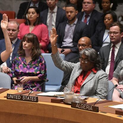 U.S. Ambassador to the United Nations Linda Thomas-Greenfield votes during a U.N. Security Council vote on a U.S.-drafted resolution backing a proposal outlined by U.S.President Joe Biden for a ceasefire between Israel and Palestinian militants Hamas in the Gaza Strip, at U.N. headquarters in New York City, U.S., June 10, 2024. REUTERS/Stephanie Keith